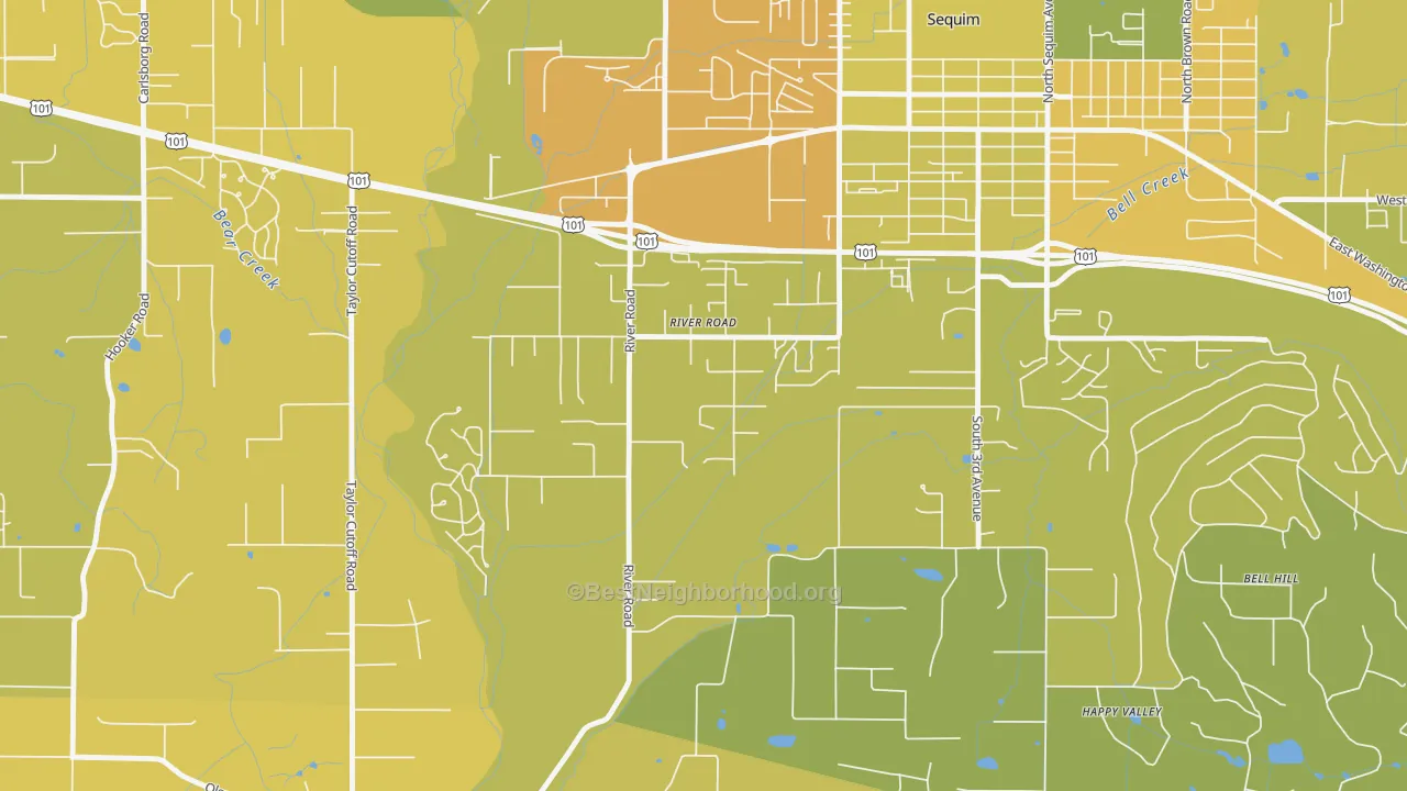 Map of the best neighborhoods in the River Road area, with better matches in green and worse matches in red