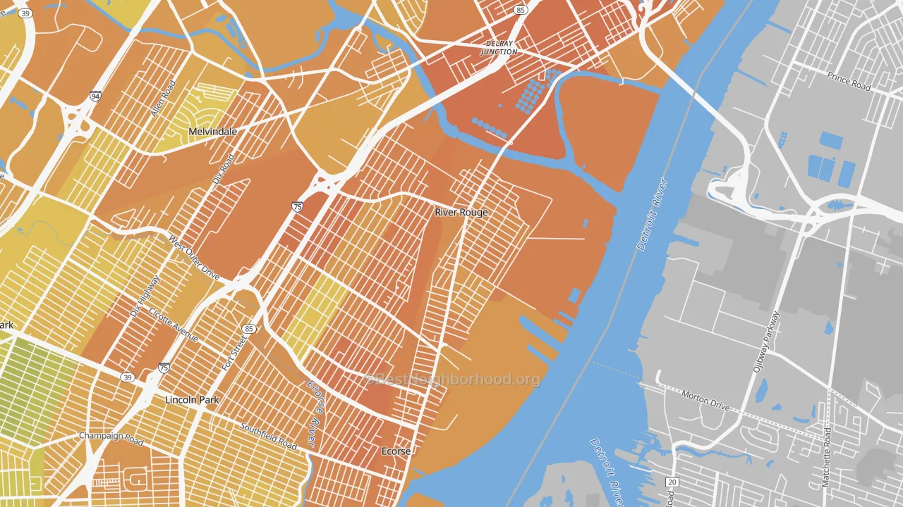 Map of the best neighborhoods in the River Rouge area, with better matches in green and worse matches in red