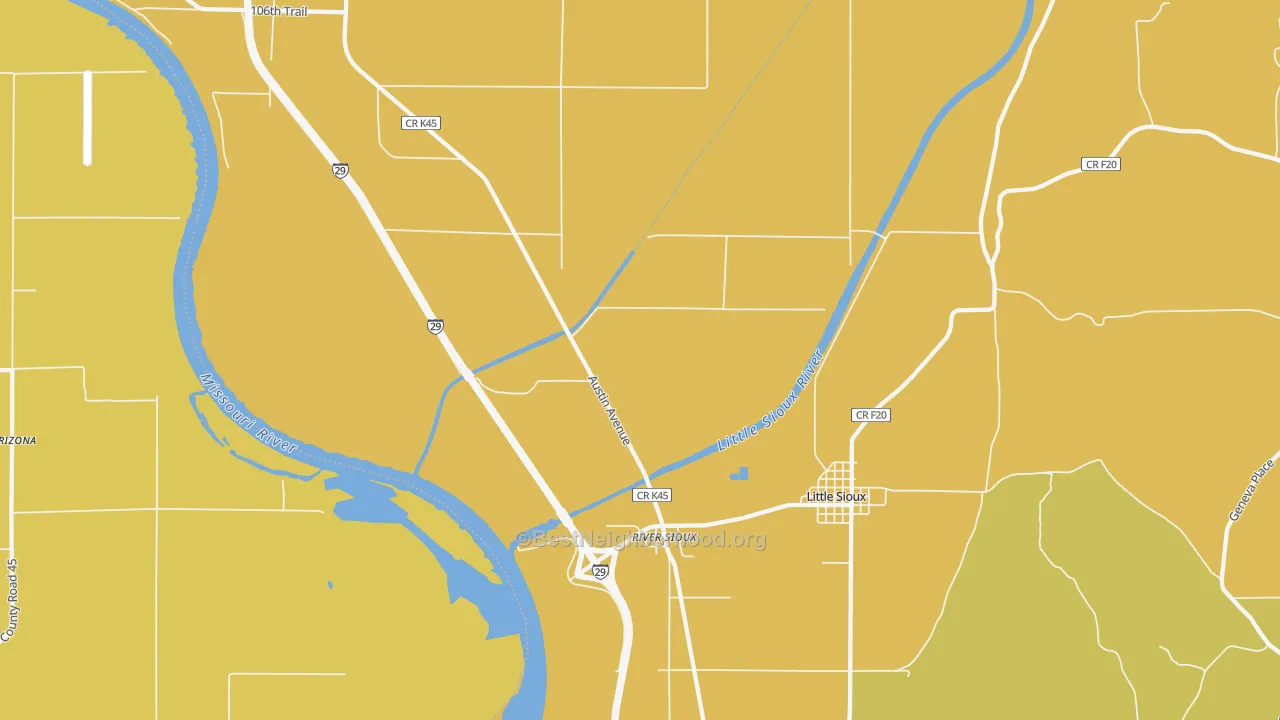 Map of the best neighborhoods in the River Sioux area, with better matches in green and worse matches in red