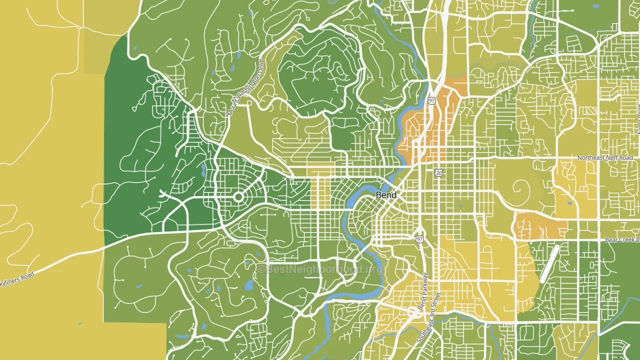 Map of the best neighborhoods in the River West, Bend area, with better matches in green and worse matches in red