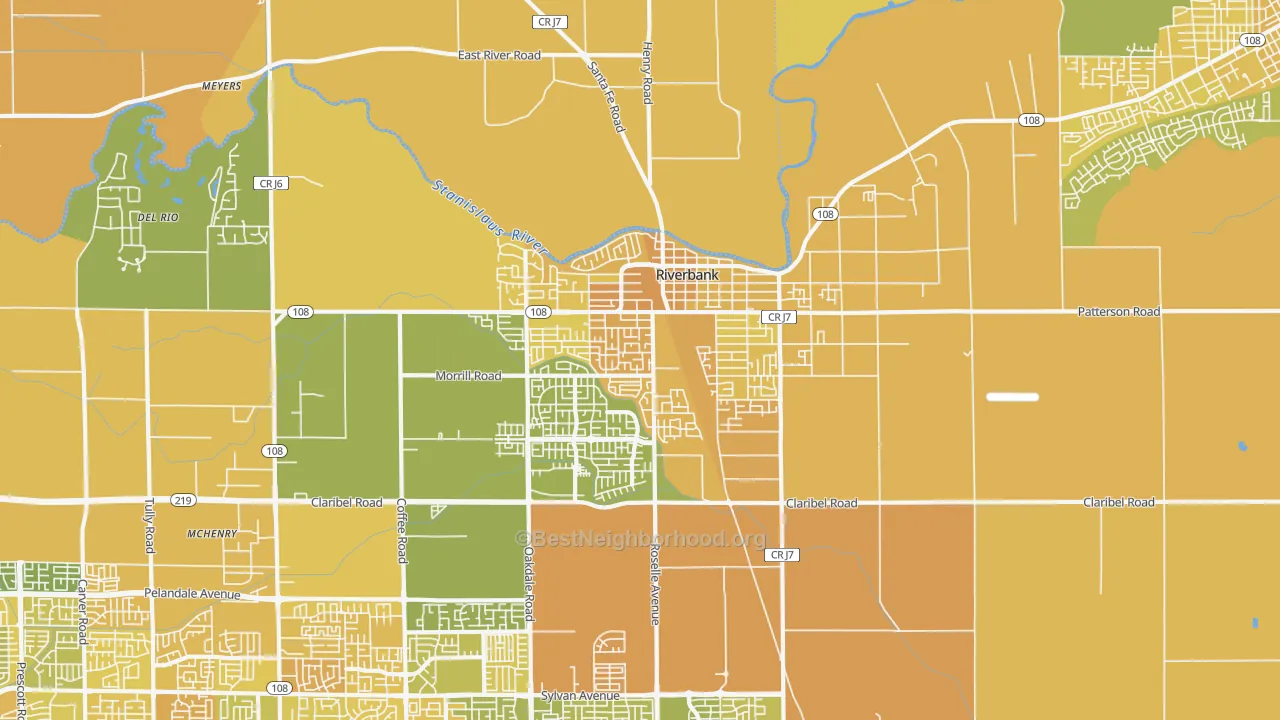 Map of the best neighborhoods in the Riverbank area, with better matches in green and worse matches in red