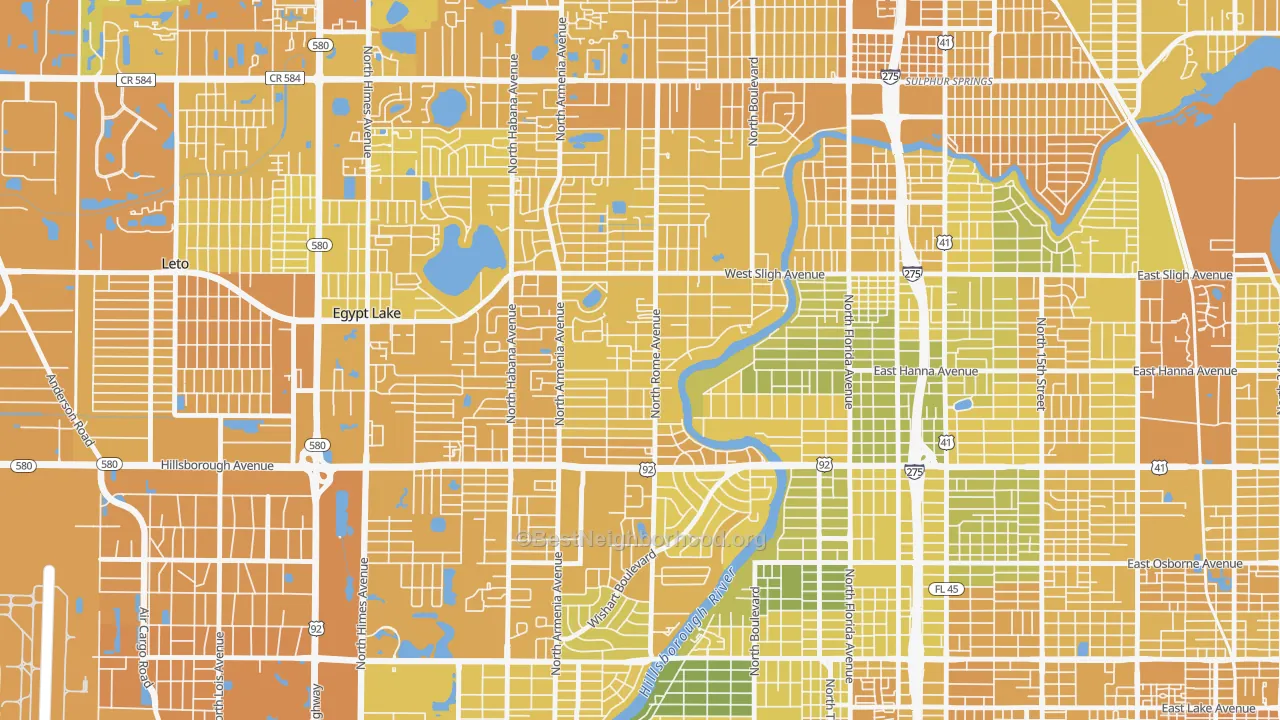 Map of the best neighborhoods in the Riverbend, Tampa area, with better matches in green and worse matches in red