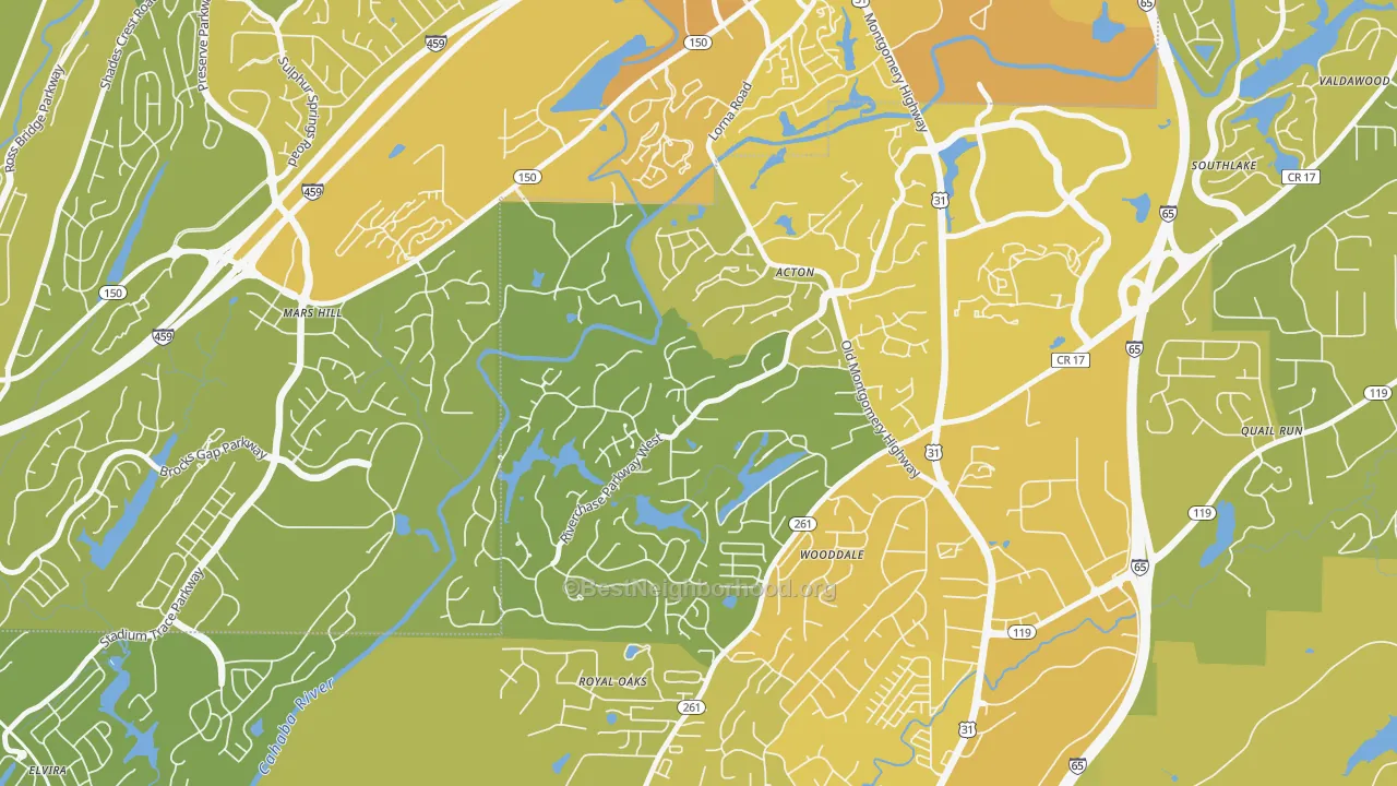 Map of the best neighborhoods in the Riverchase Country Club, Hoover area, with better matches in green and worse matches in red