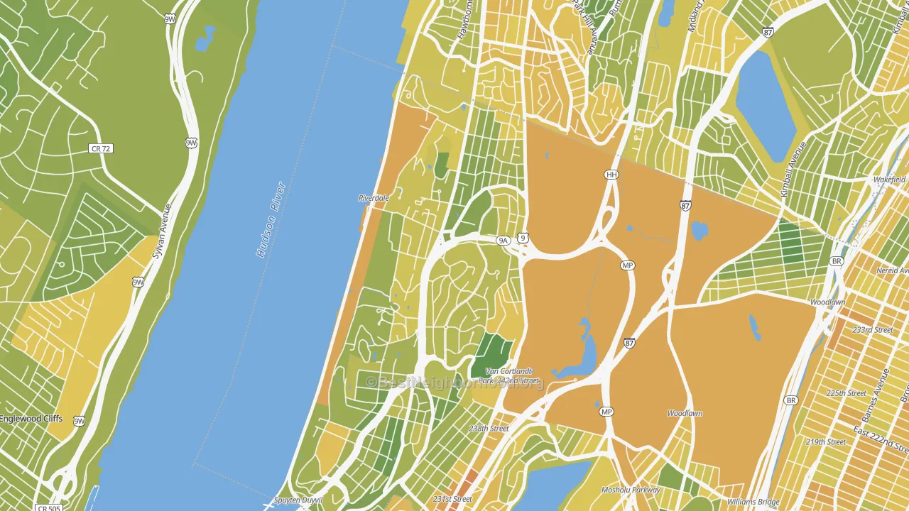 Map of the best neighborhoods in the Riverdale, Bronx area, with better matches in green and worse matches in red