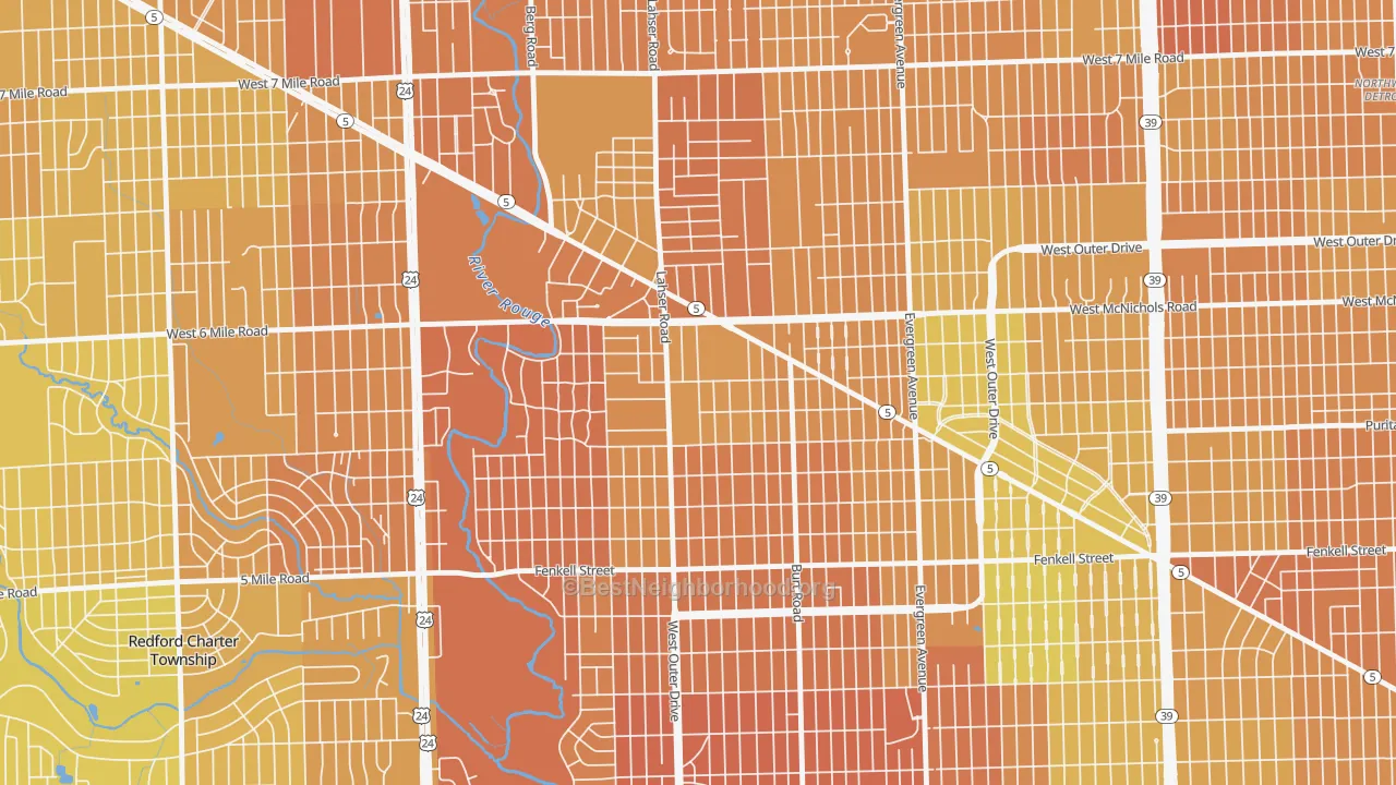 Map of the best neighborhoods in the Riverdale, Detroit area, with better matches in green and worse matches in red