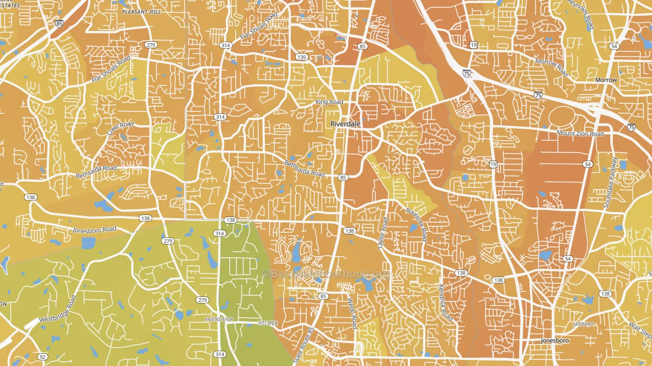 Map of the best neighborhoods in the Riverdale area, with better matches in green and worse matches in red