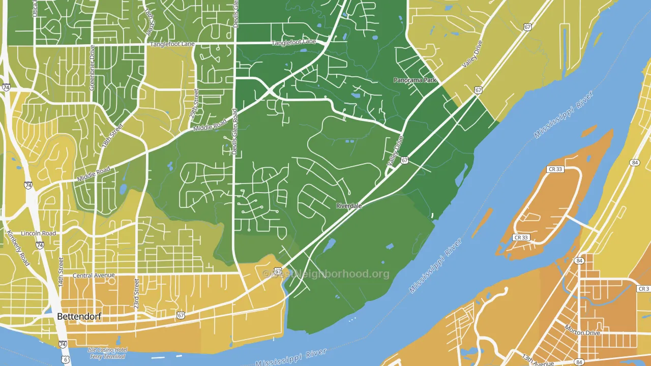 Map of the best neighborhoods in the Riverdale area, with better matches in green and worse matches in red
