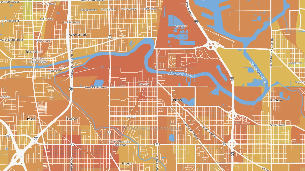 Map of the best neighborhoods in the Riverdale area, with better matches in green and worse matches in red