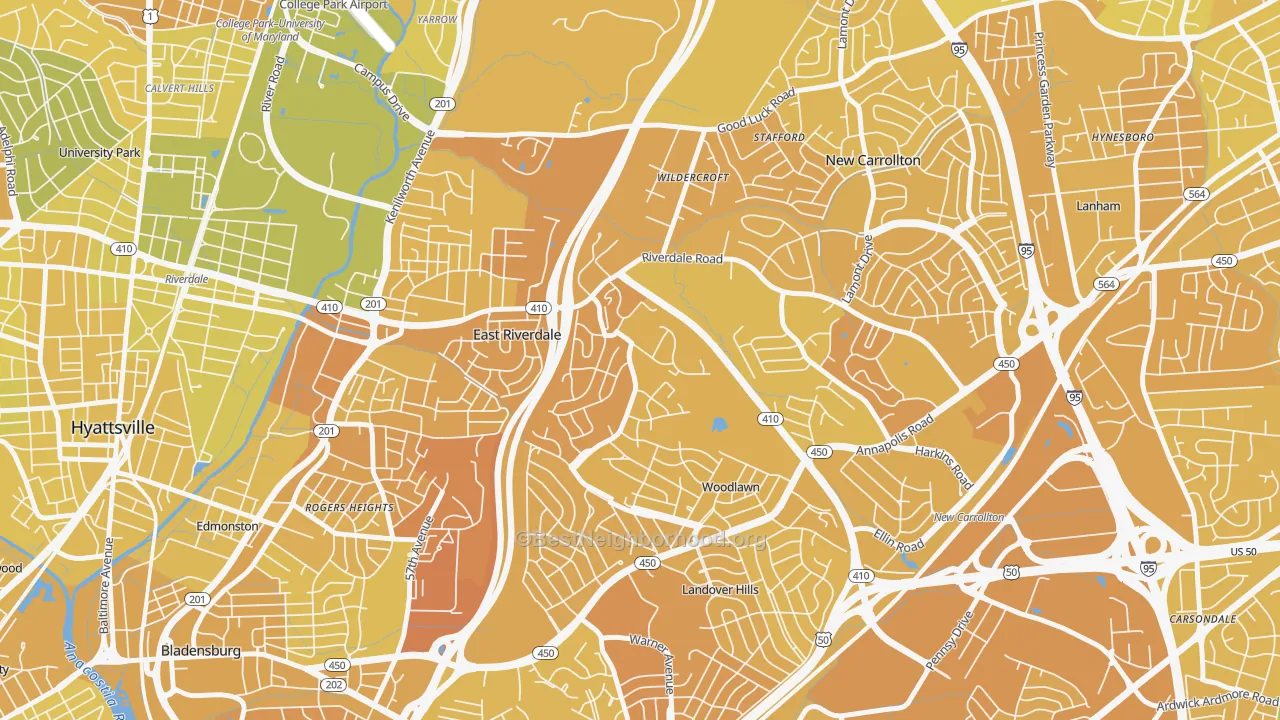 Map of the best neighborhoods in the Riverdale area, with better matches in green and worse matches in red