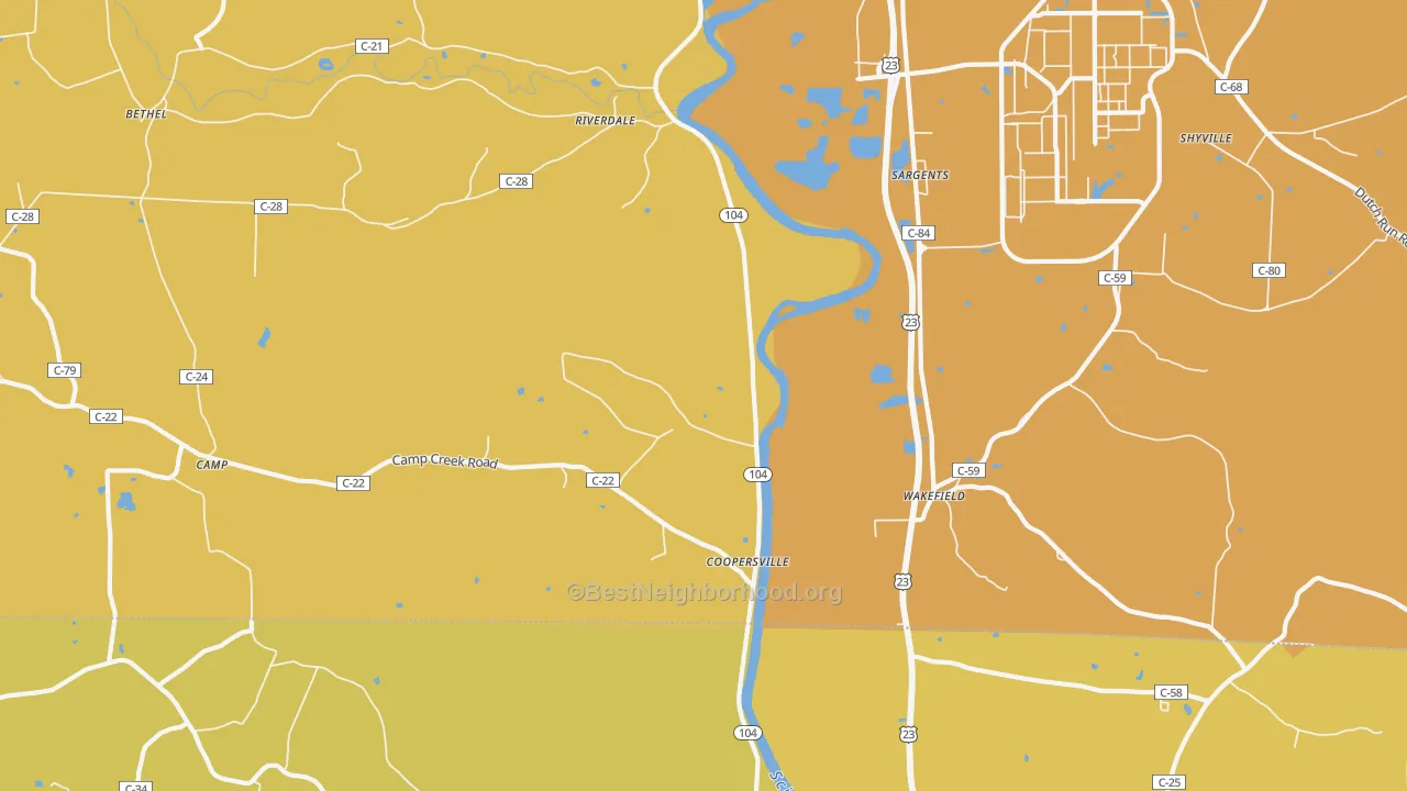 Map of the best neighborhoods in the Riverdale area, with better matches in green and worse matches in red