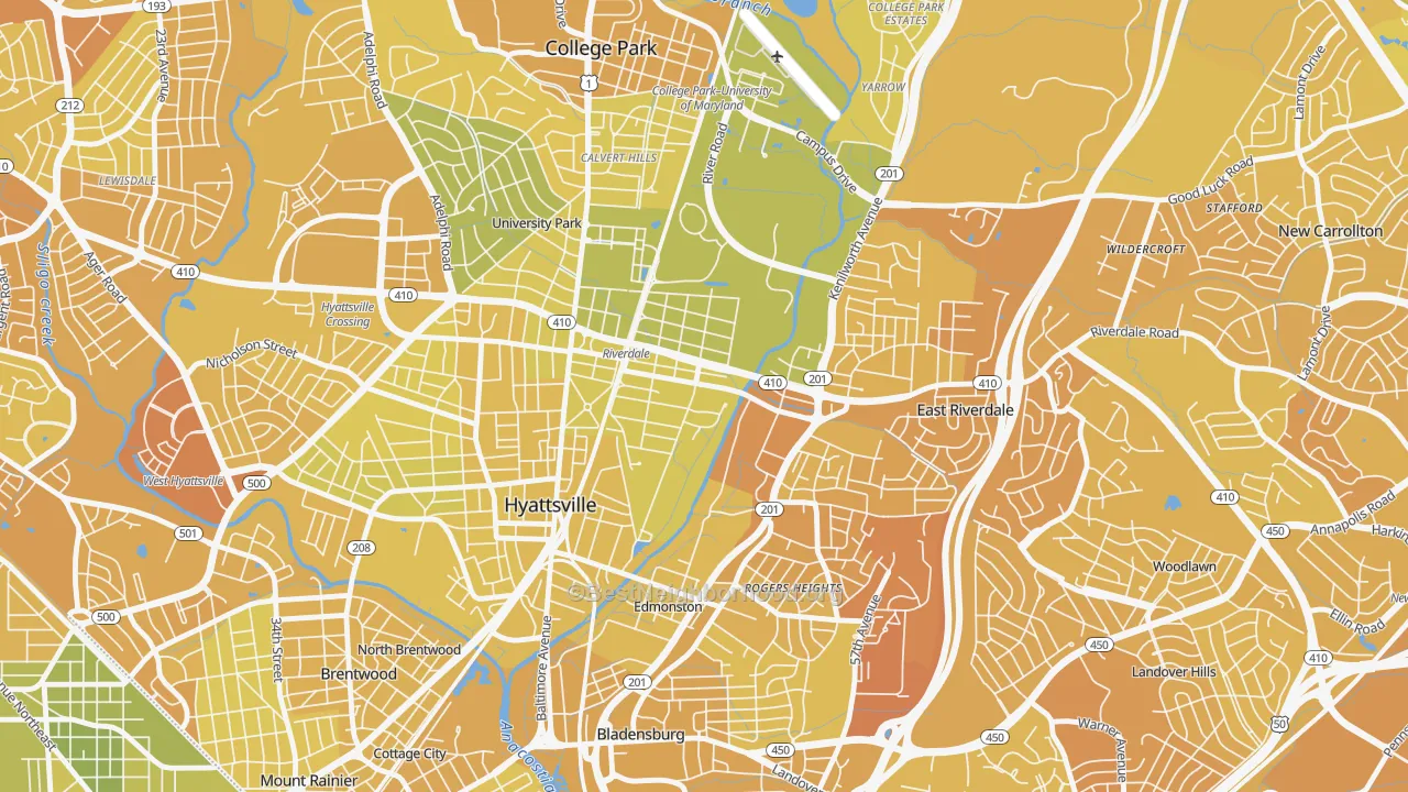 Map of the best neighborhoods in the Riverdale Park area, with better matches in green and worse matches in red