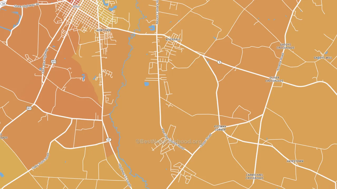 Map of the best neighborhoods in the Riverdale area, with better matches in green and worse matches in red
