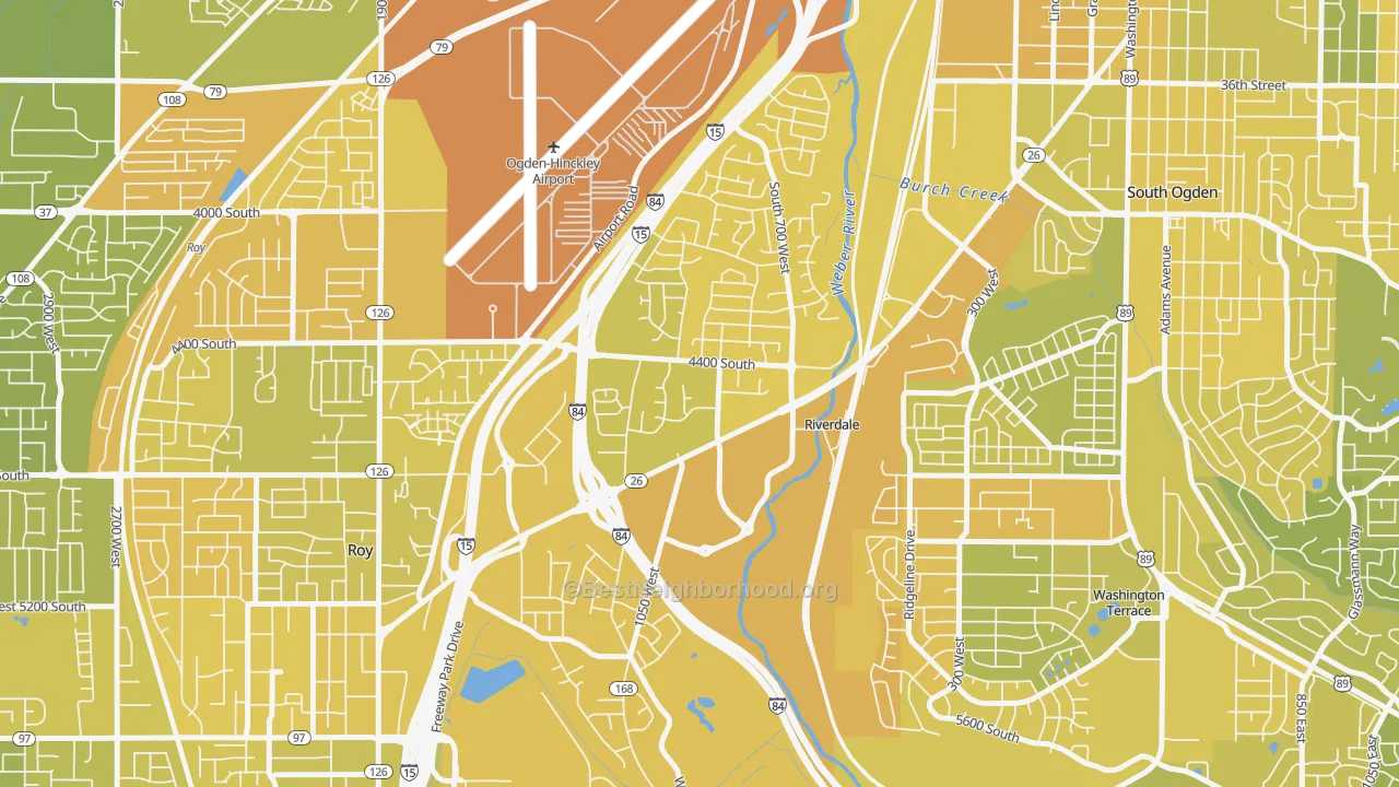Map of the best neighborhoods in the Riverdale area, with better matches in green and worse matches in red