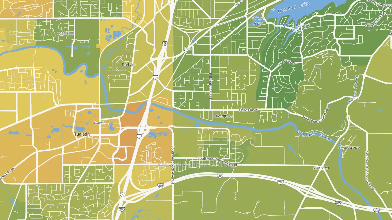 Map of the best neighborhoods in the Rivergrove area, with better matches in green and worse matches in red