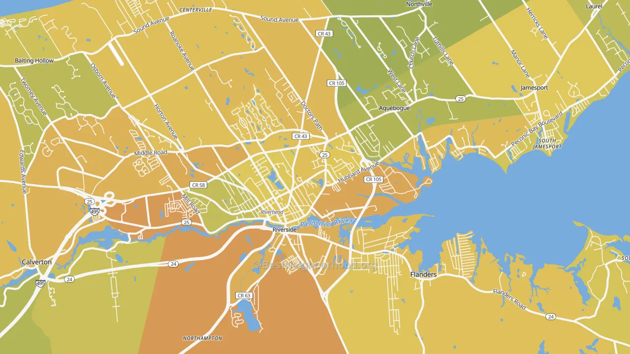 Map of the best neighborhoods in the Riverhead area, with better matches in green and worse matches in red