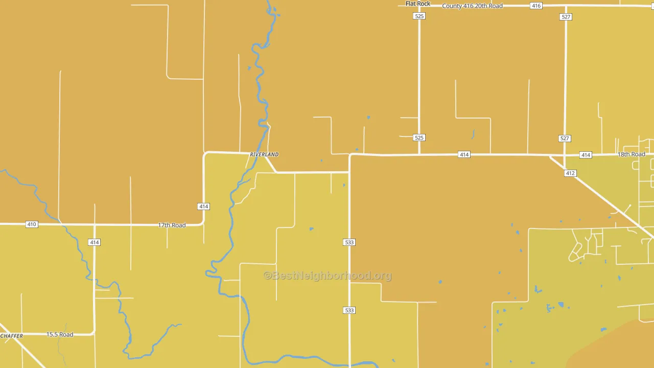 Map of the best neighborhoods in the Riverland area, with better matches in green and worse matches in red