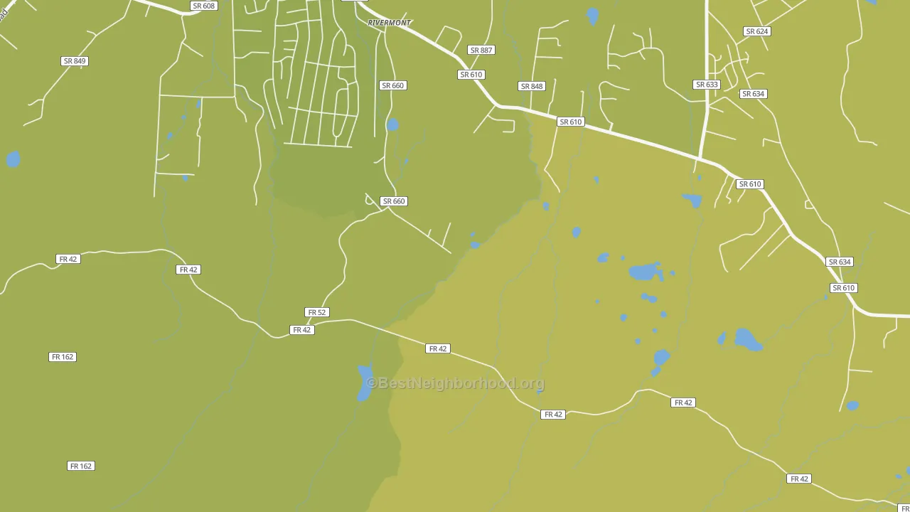 Map of the best neighborhoods in the Rivermont area, with better matches in green and worse matches in red
