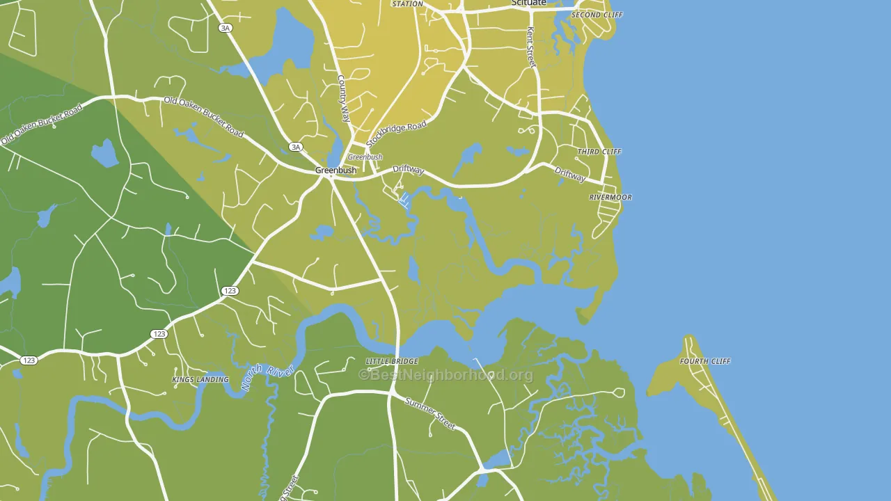 Map of the best neighborhoods in the Rivermoor area, with better matches in green and worse matches in red