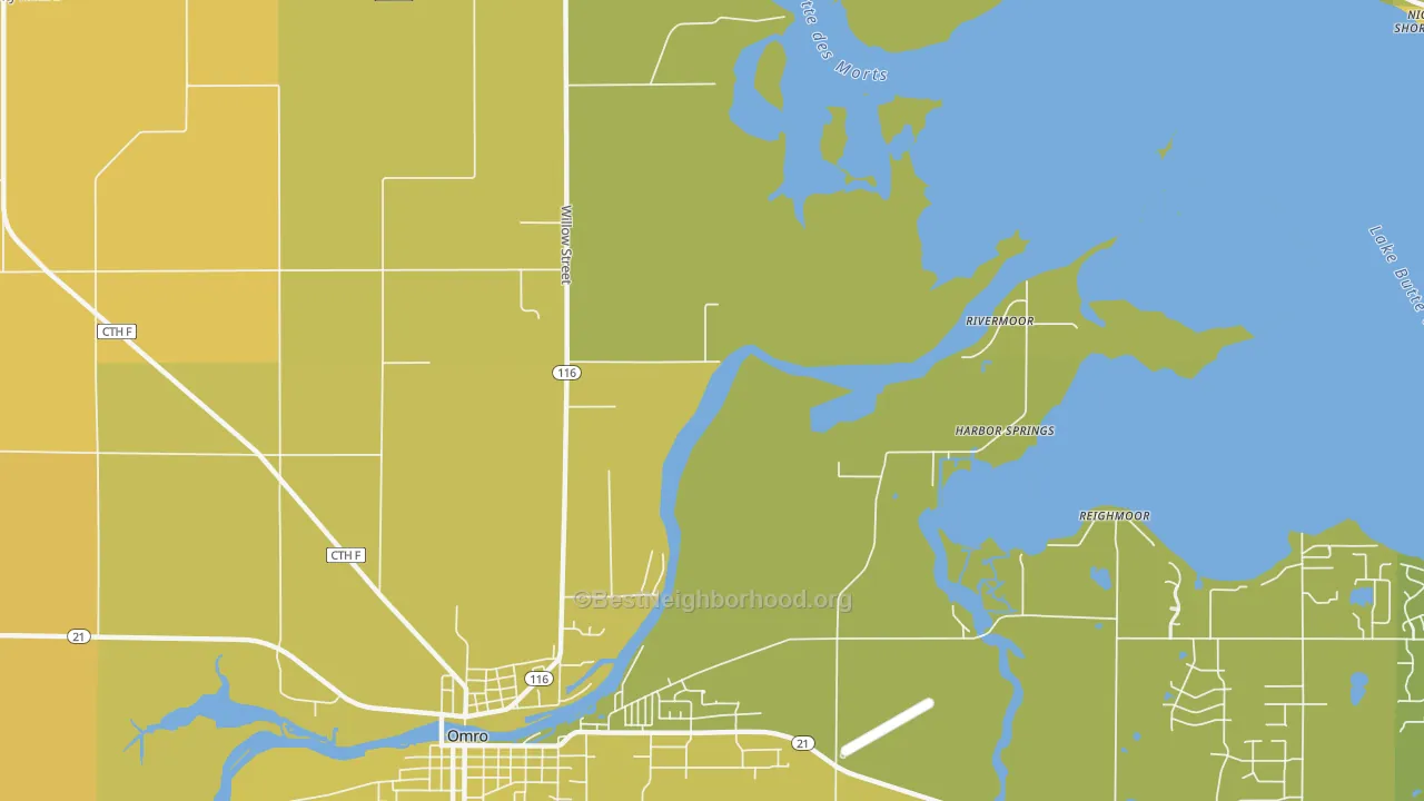 Map of the best neighborhoods in the Rivermoor area, with better matches in green and worse matches in red