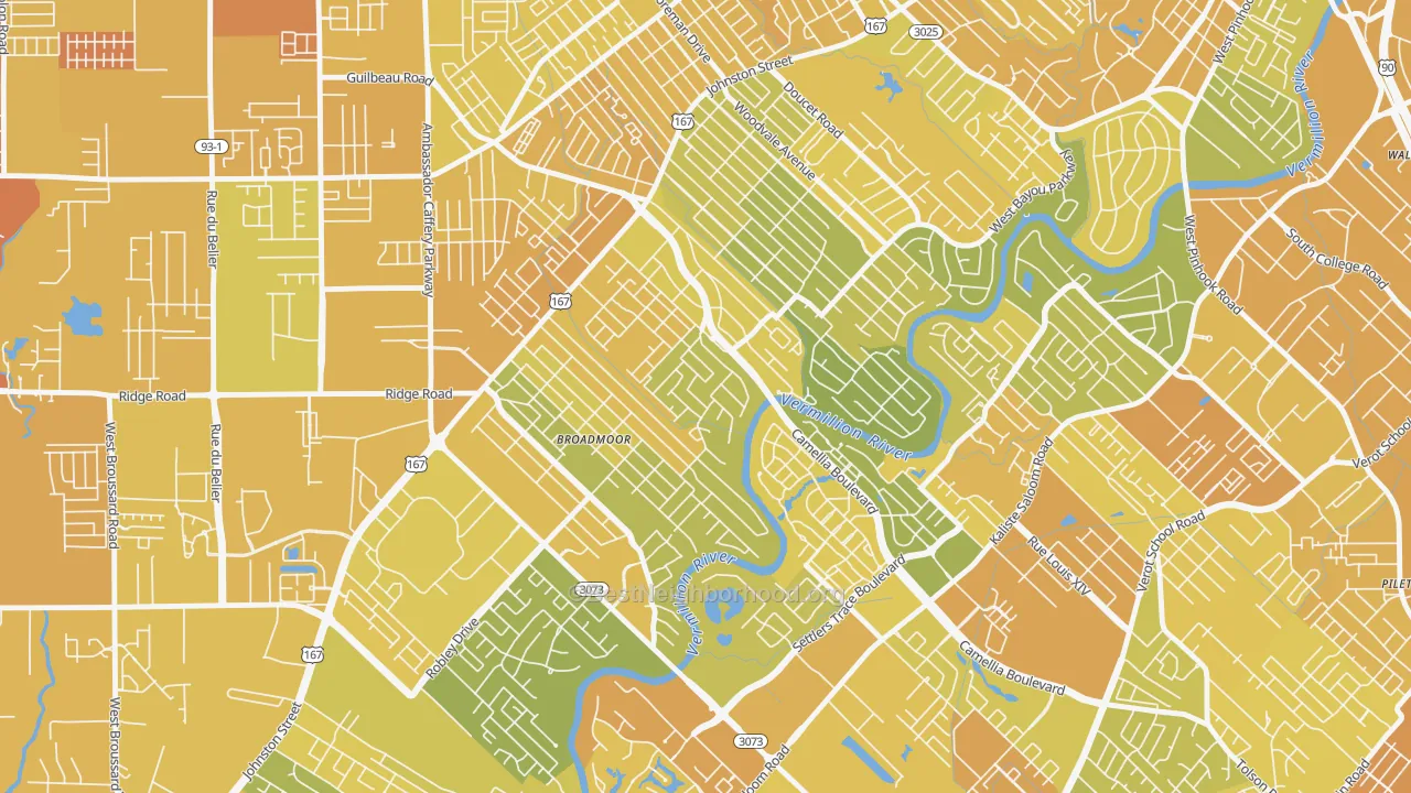 Map of the best neighborhoods in the Rivers Bend Estates, Lafayette area, with better matches in green and worse matches in red