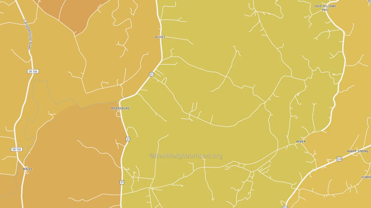Map of the best neighborhoods in the Riversburg area, with better matches in green and worse matches in red