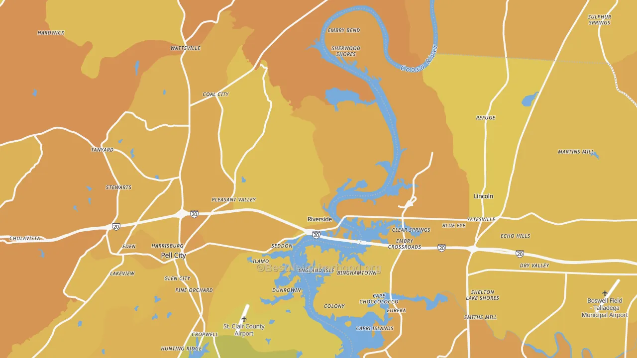 Map of the best neighborhoods in the Riverside area, with better matches in green and worse matches in red