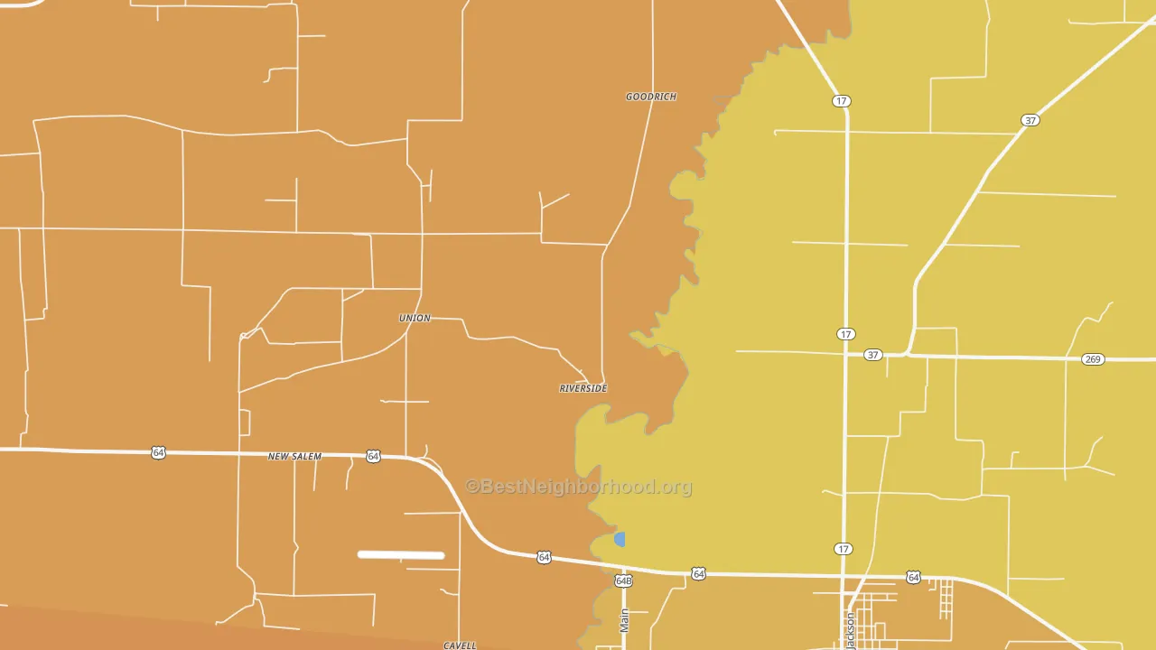 Map of the best neighborhoods in the Riverside area, with better matches in green and worse matches in red
