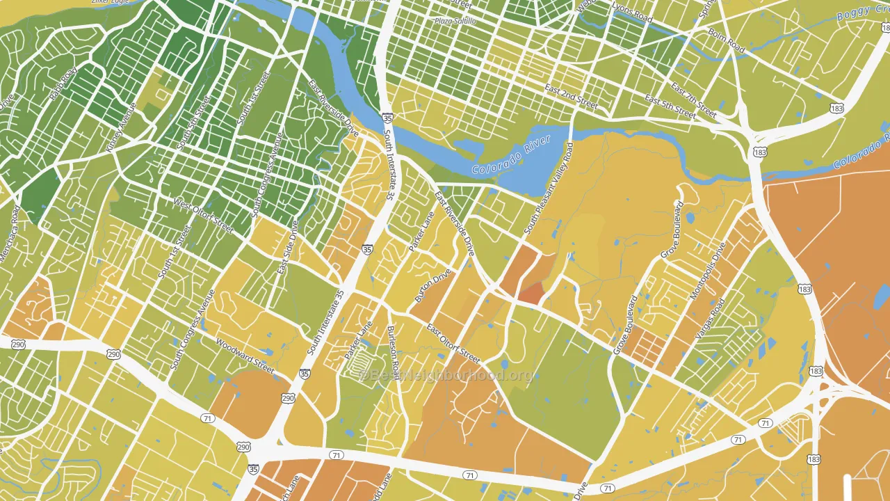 Map of the best neighborhoods in the Riverside, Austin area, with better matches in green and worse matches in red