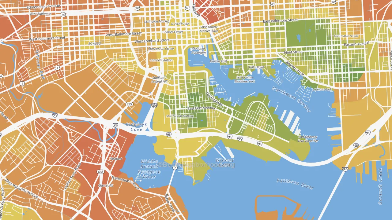 Map of the best neighborhoods in the Riverside, Baltimore area, with better matches in green and worse matches in red