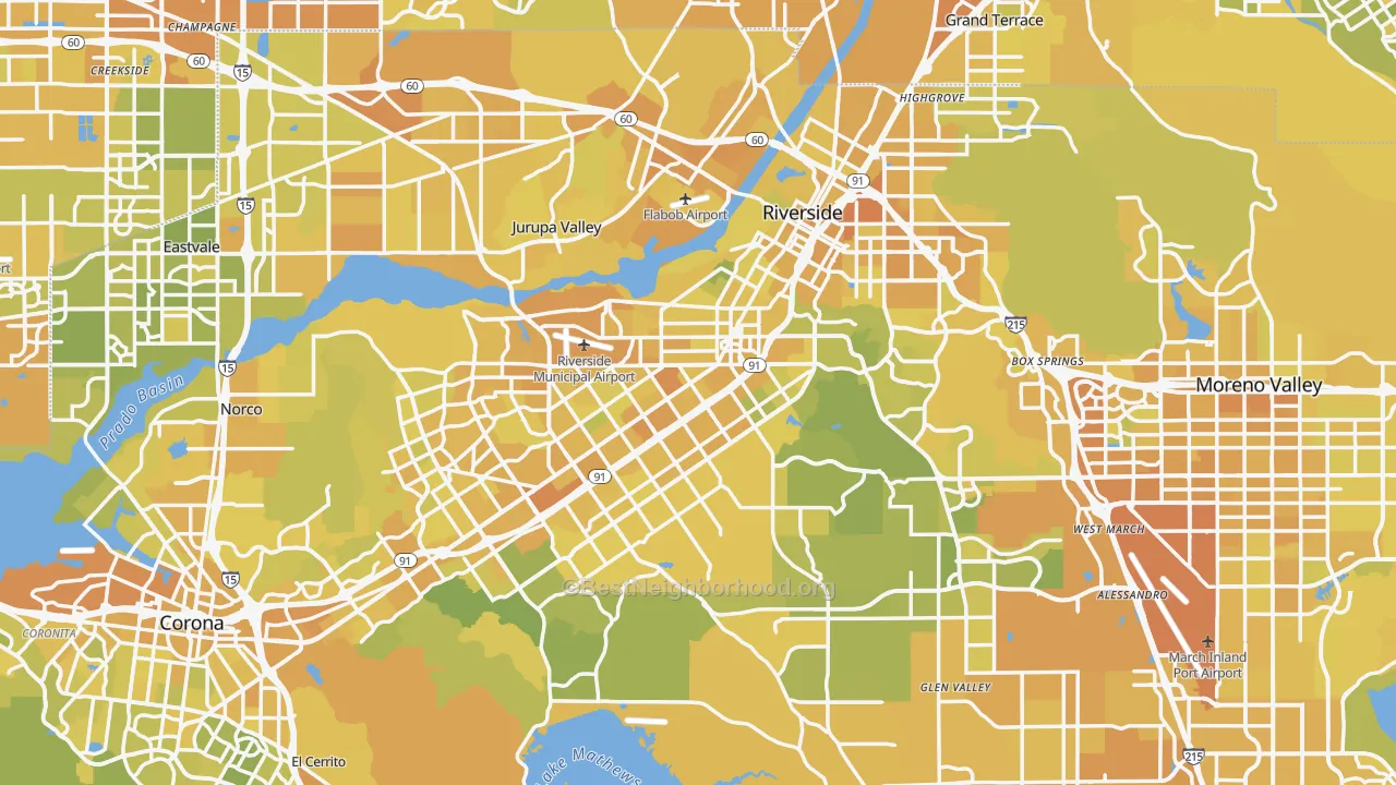 Map of the best neighborhoods in the Riverside Metro area, with better matches in green and worse matches in red