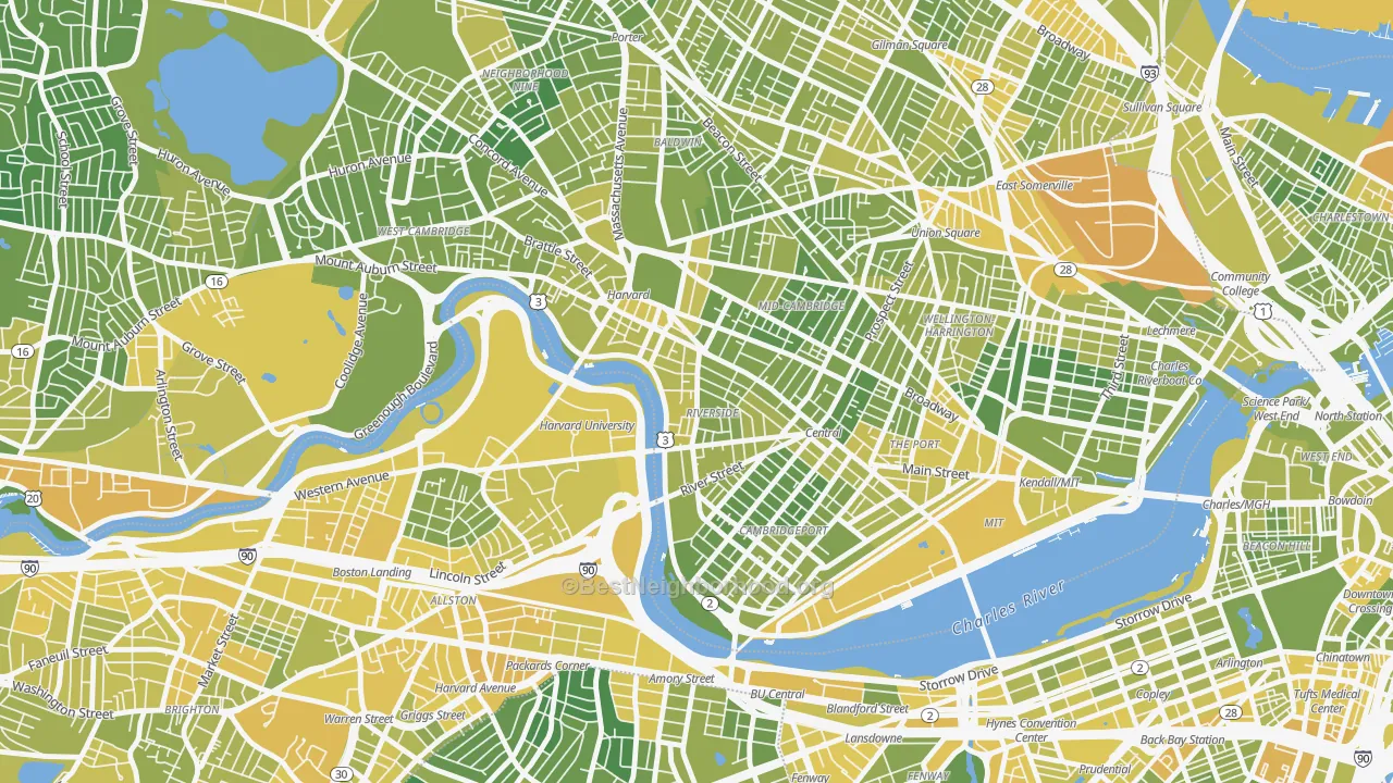 Map of the best neighborhoods in the Riverside, Cambridge area, with better matches in green and worse matches in red