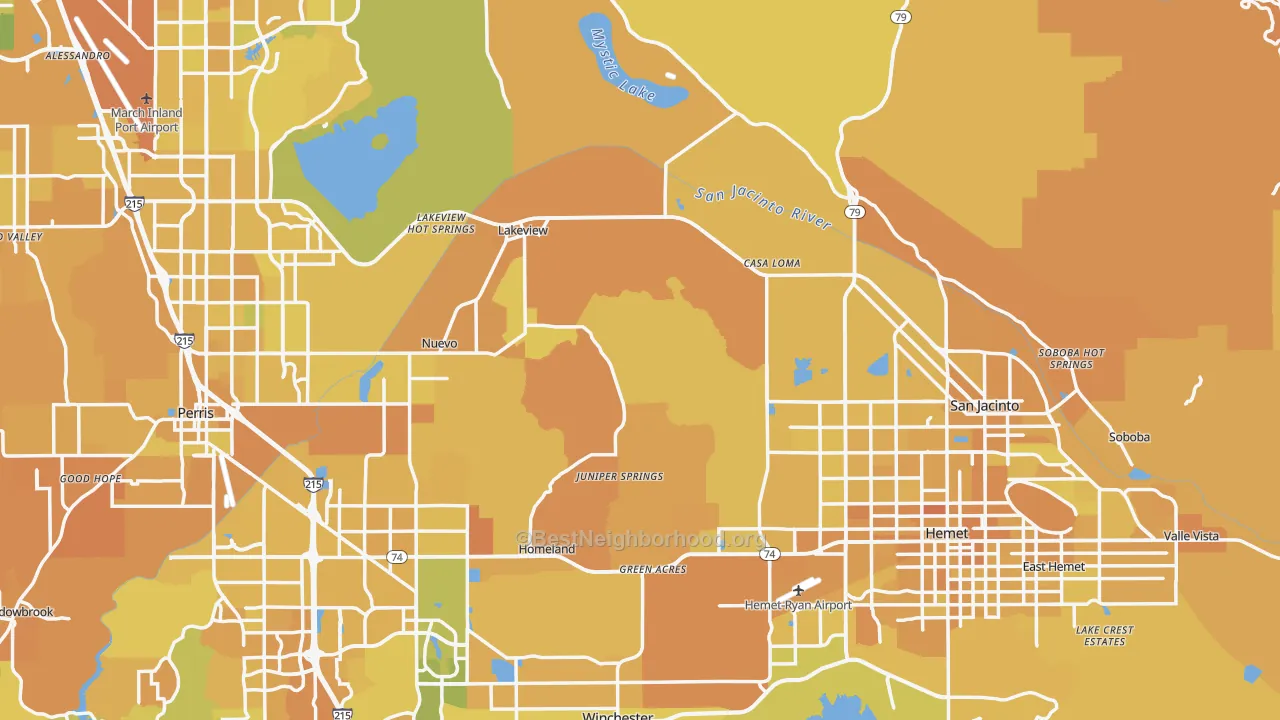 Map of the best neighborhoods in the Riverside County area, with better matches in green and worse matches in red