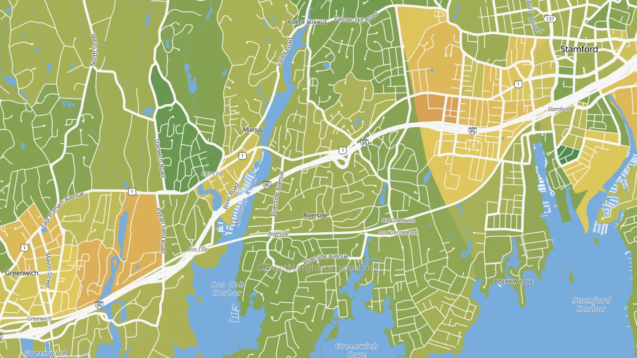 Map of the best neighborhoods in the Riverside area, with better matches in green and worse matches in red