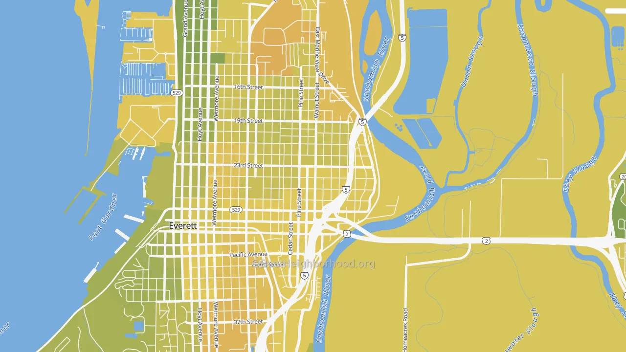 Map of the best neighborhoods in the Riverside-Everett, Everett area, with better matches in green and worse matches in red