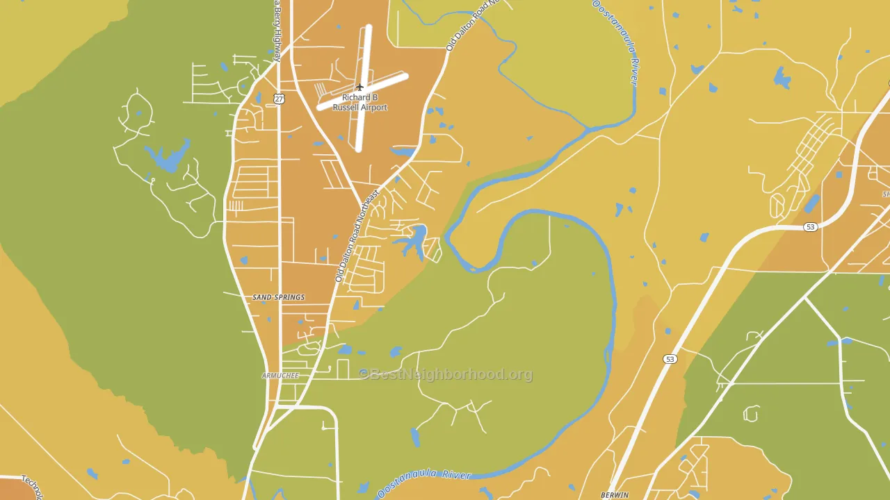 Map of the best neighborhoods in the Riverside area, with better matches in green and worse matches in red