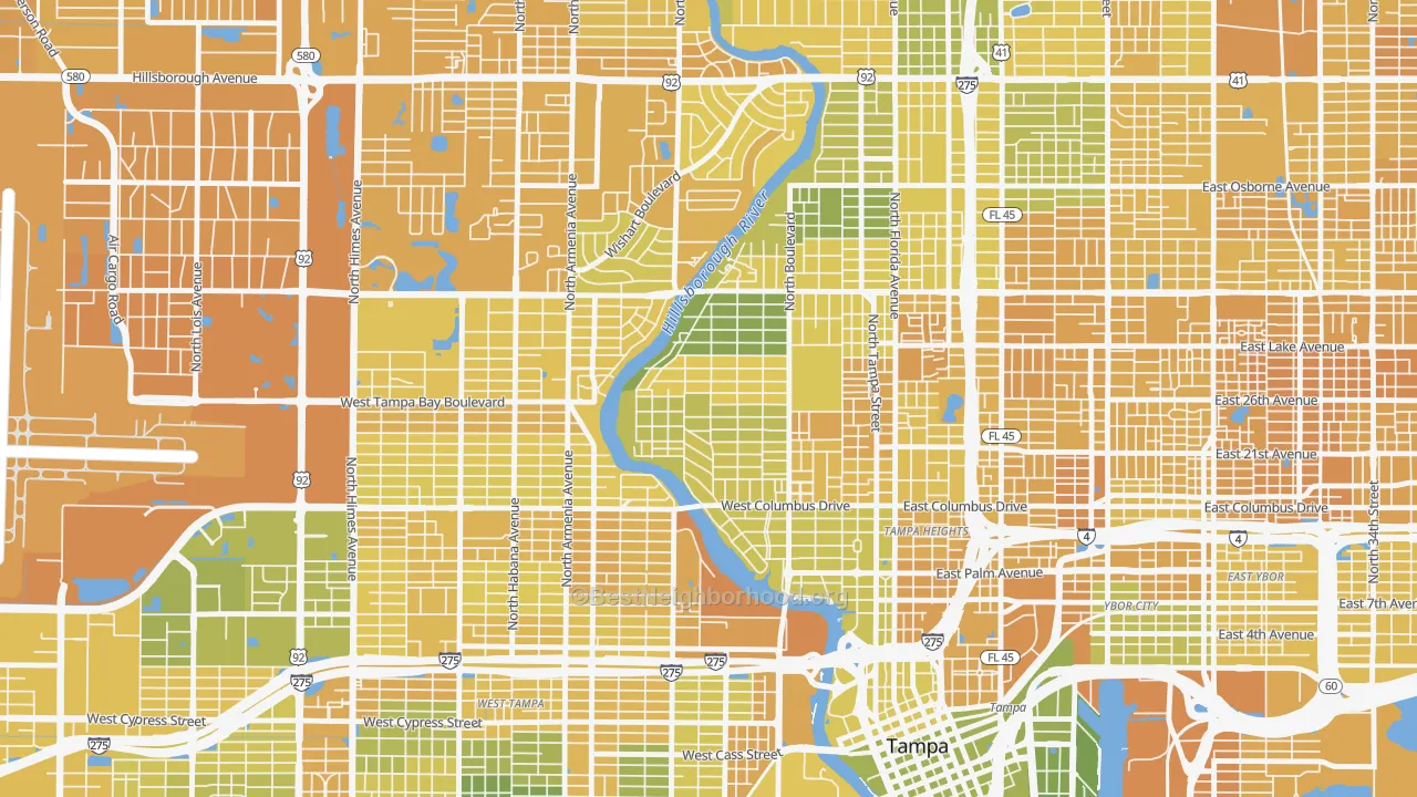 Map of the best neighborhoods in the Riverside Heights, Tampa area, with better matches in green and worse matches in red