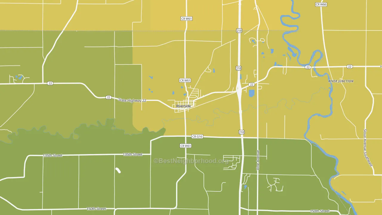 Map of the best neighborhoods in the Riverside area, with better matches in green and worse matches in red