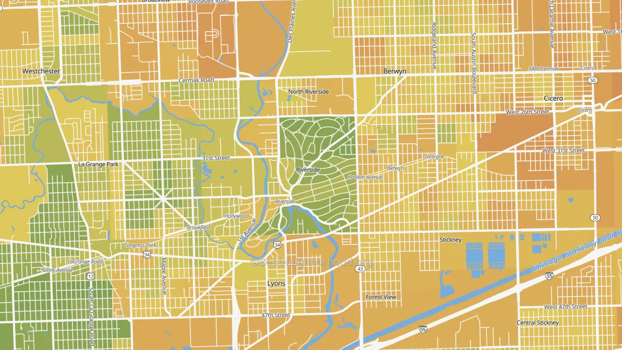 Map of the best neighborhoods in the Riverside area, with better matches in green and worse matches in red