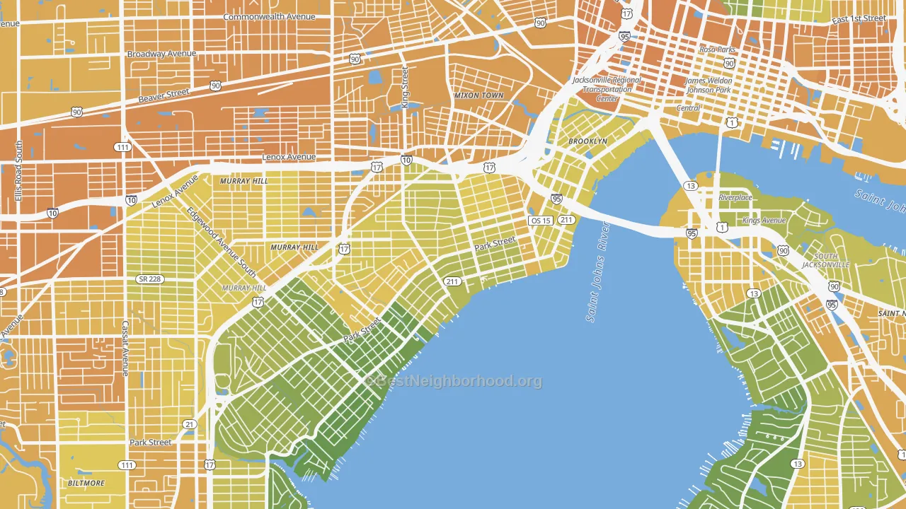 Map of the best neighborhoods in the Riverside, Jacksonville area, with better matches in green and worse matches in red
