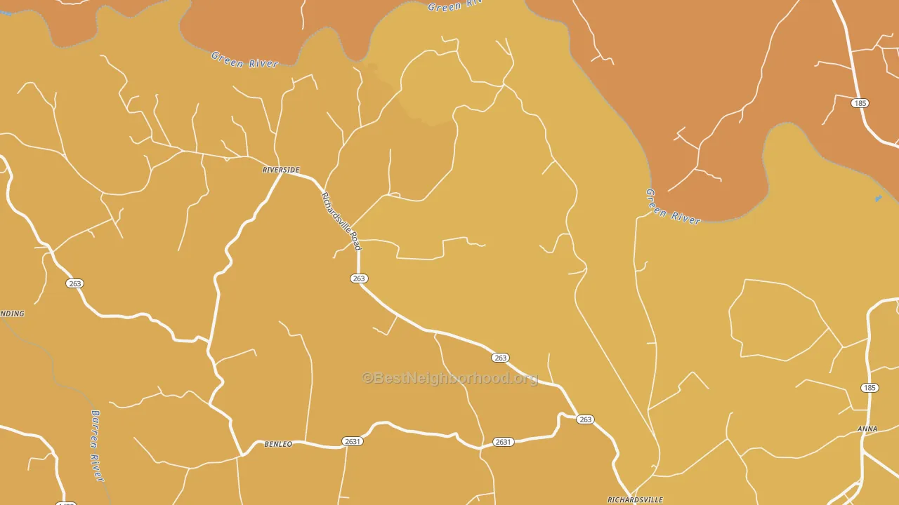 Map of the best neighborhoods in the Riverside area, with better matches in green and worse matches in red