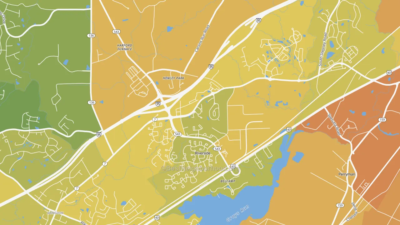 Map of the best neighborhoods in the Riverside area, with better matches in green and worse matches in red