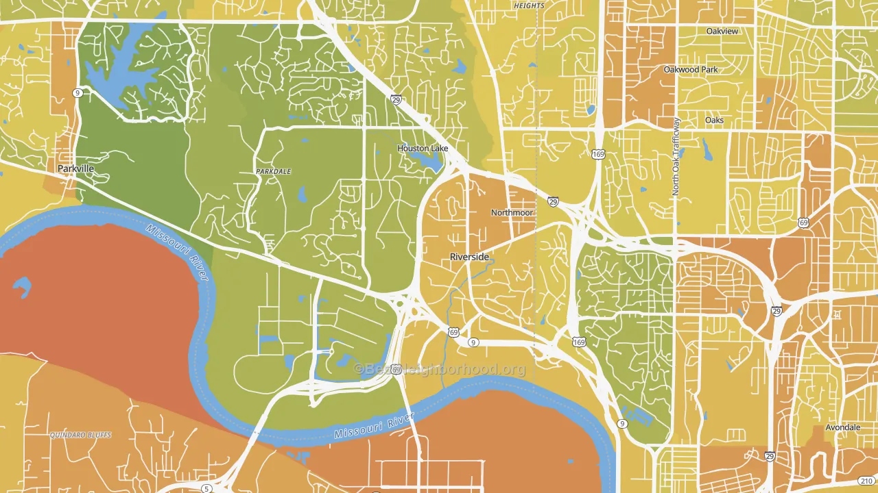 Map of the best neighborhoods in the Riverside area, with better matches in green and worse matches in red
