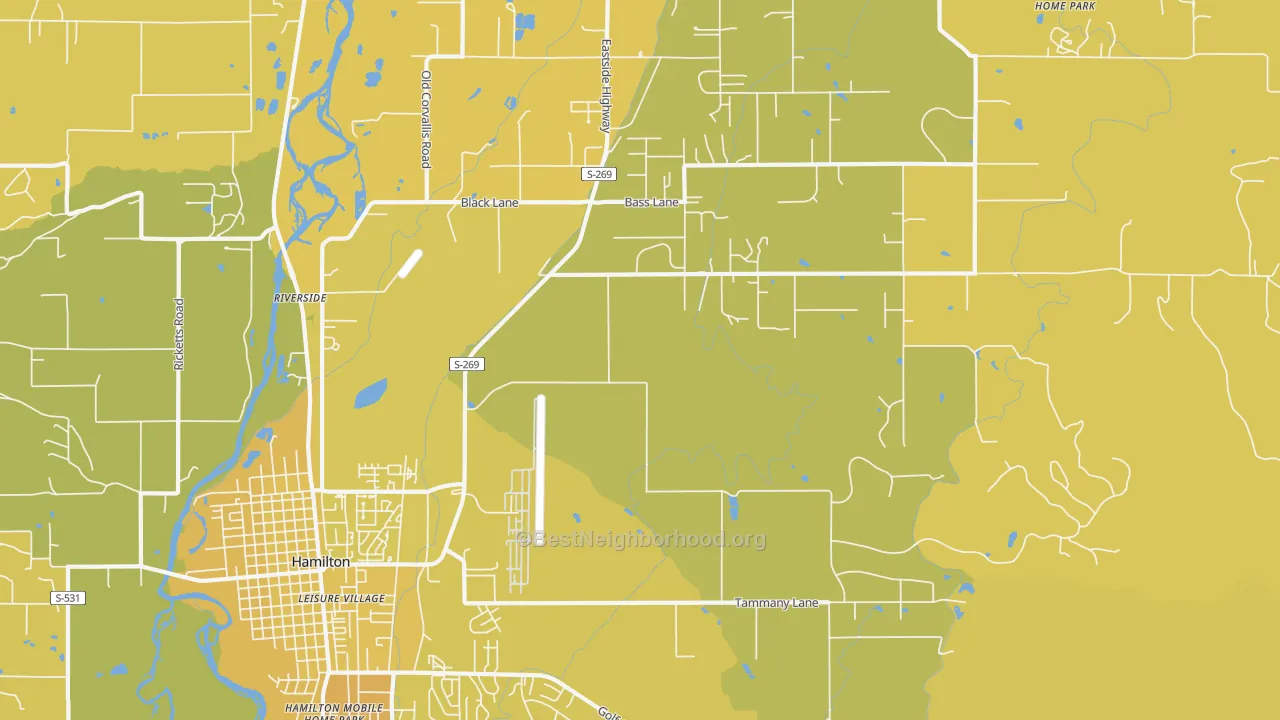 Map of the best neighborhoods in the Riverside area, with better matches in green and worse matches in red