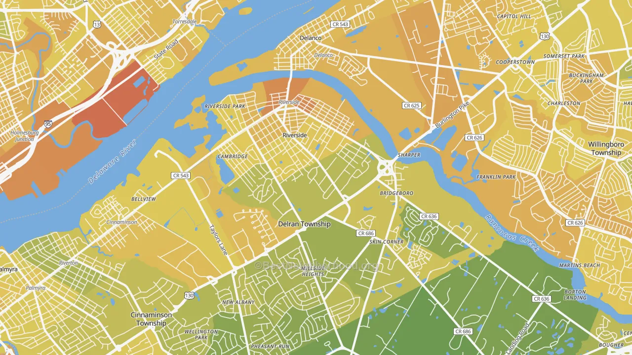 Map of the best neighborhoods in the Riverside area, with better matches in green and worse matches in red