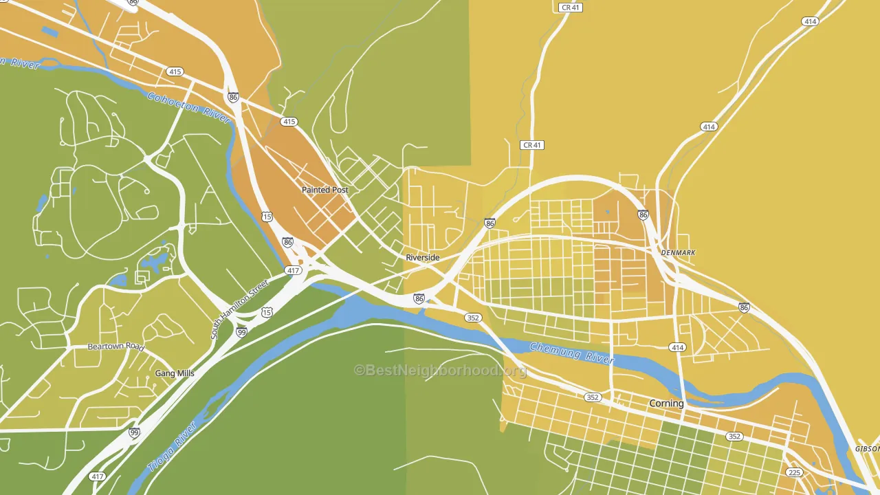 Map of the best neighborhoods in the Riverside area, with better matches in green and worse matches in red