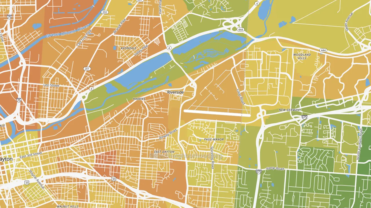 Map of the best neighborhoods in the Riverside area, with better matches in green and worse matches in red