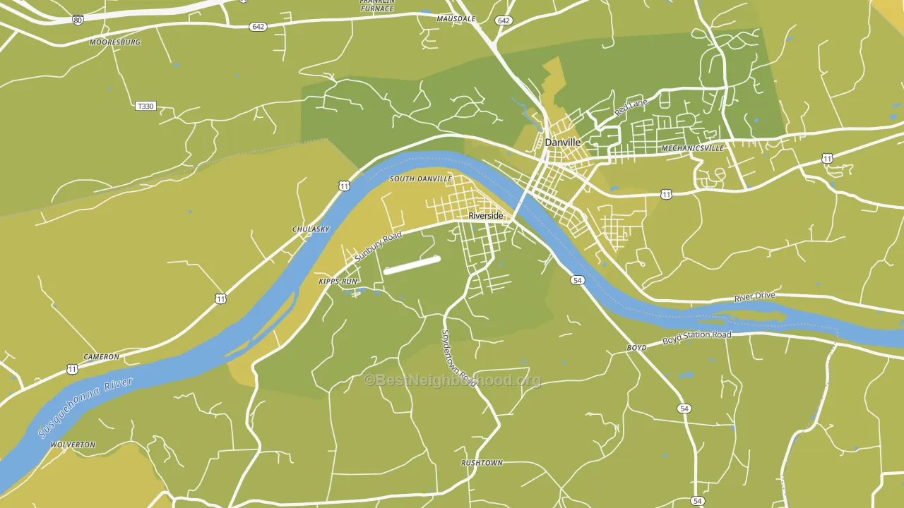 Map of the best neighborhoods in the Riverside area, with better matches in green and worse matches in red