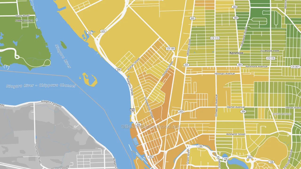 Map of the best neighborhoods in the Riverside Park, Buffalo area, with better matches in green and worse matches in red