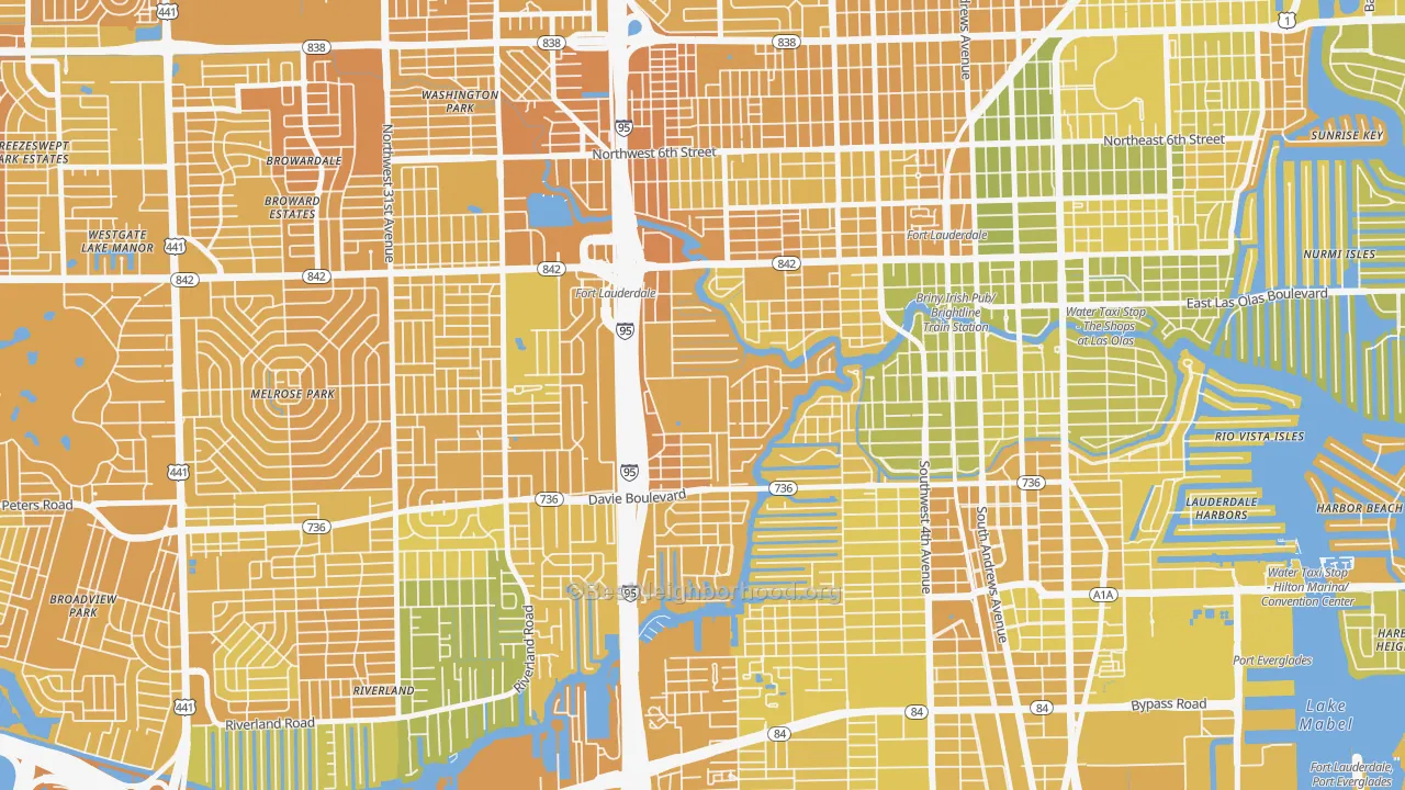 Map of the best neighborhoods in the Riverside Park, Fort Lauderdale area, with better matches in green and worse matches in red