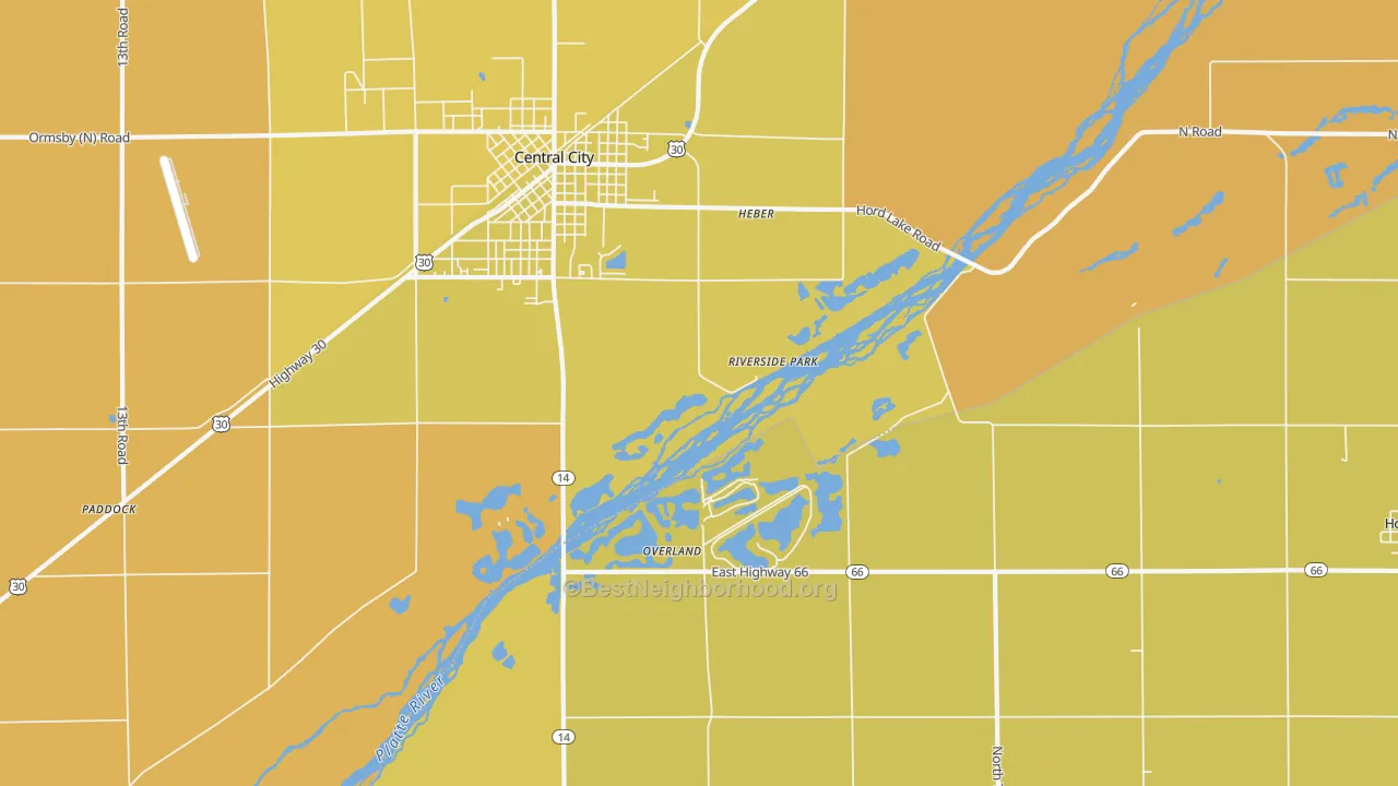 Map of the best neighborhoods in the Riverside Park area, with better matches in green and worse matches in red
